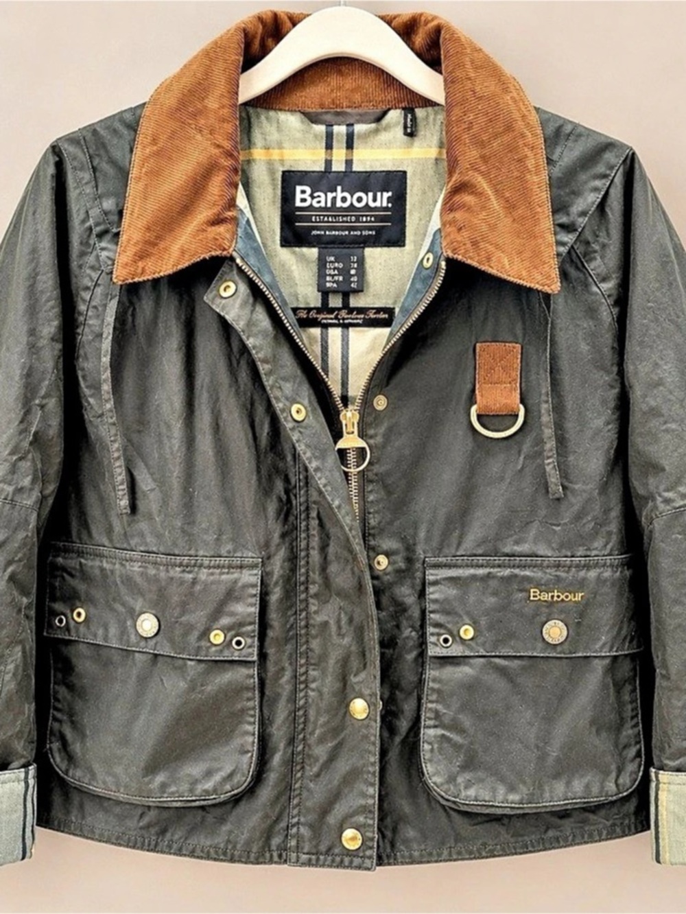 Barbour Icons Tartan Collar Spey Waxed Jacket Black & Brown Size 8
